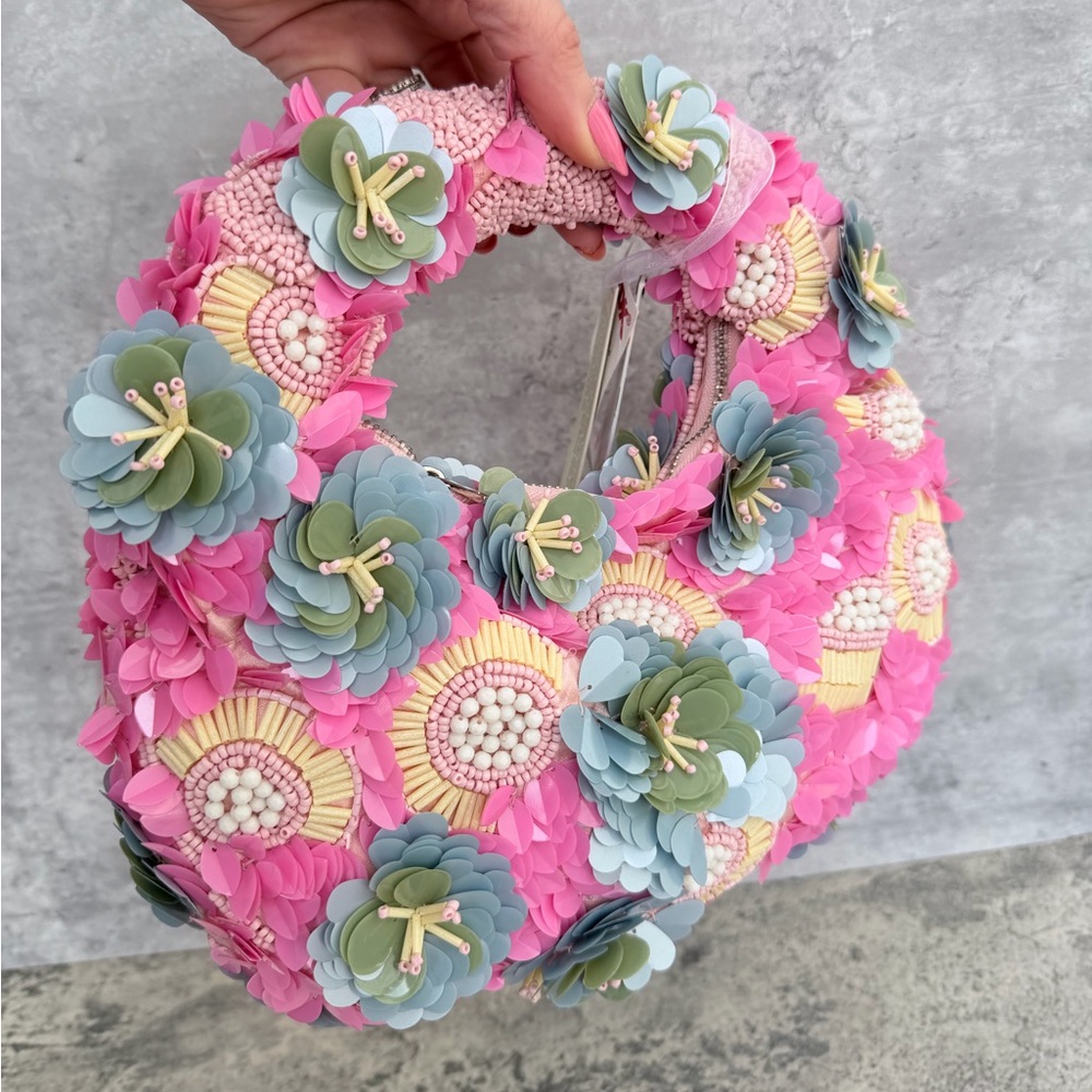 NWT Floral Sequin Beaded Handbag Handcrafted Pink